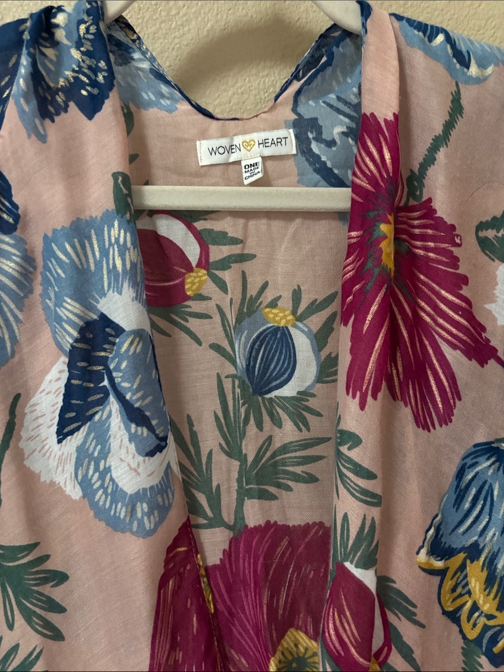 Woven Heart Blush Pink Floral Duster with Blue and Magenta Blooms